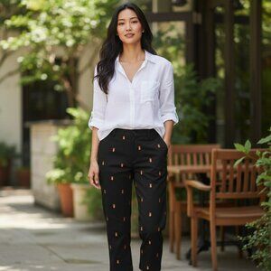 Nicole Studio Womens Size 14 Black Linen Blend Pineapple Embroidered Pants